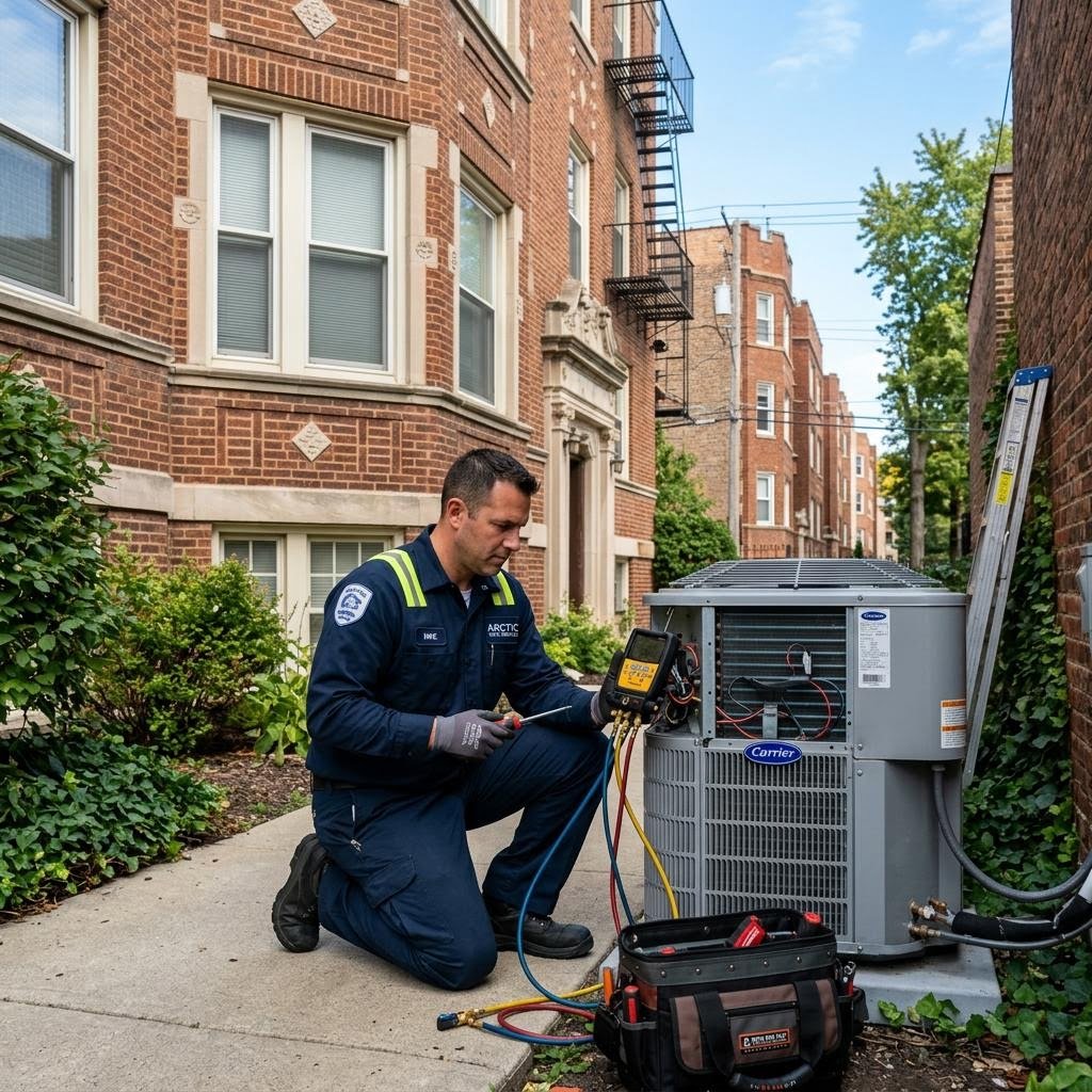 Professional HVAC technician working on equipment in Chicago