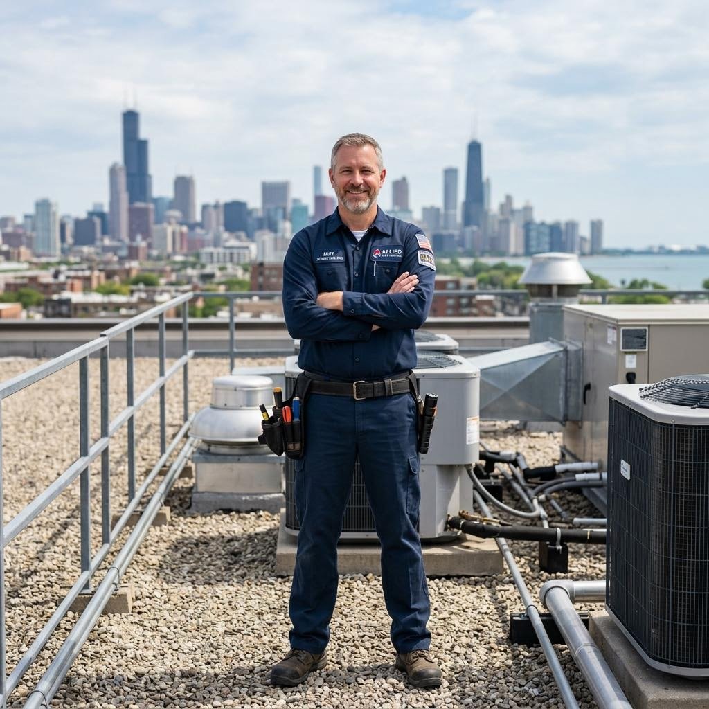 Trusted HVAC technician with Chicago skyline in background